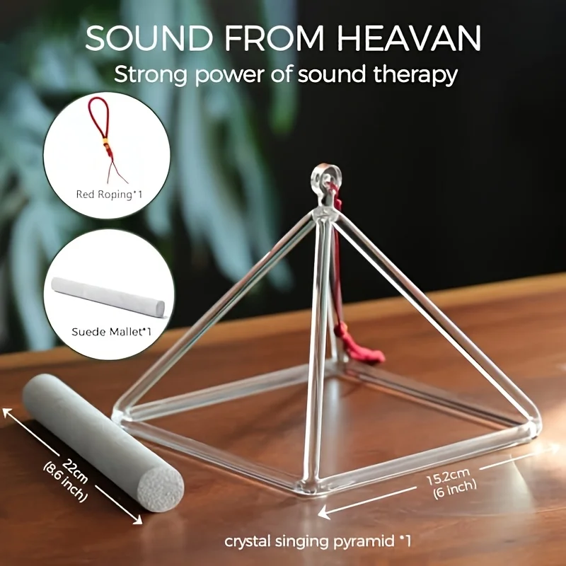 4in Transparent Quartz Crystal Pyramid Singing Bowl, Natural Crystal Sound Bowl for Yoga & Meditation, Comes with Mallet and String, Spiritual Relaxation Tool & Yoga Studio Decor