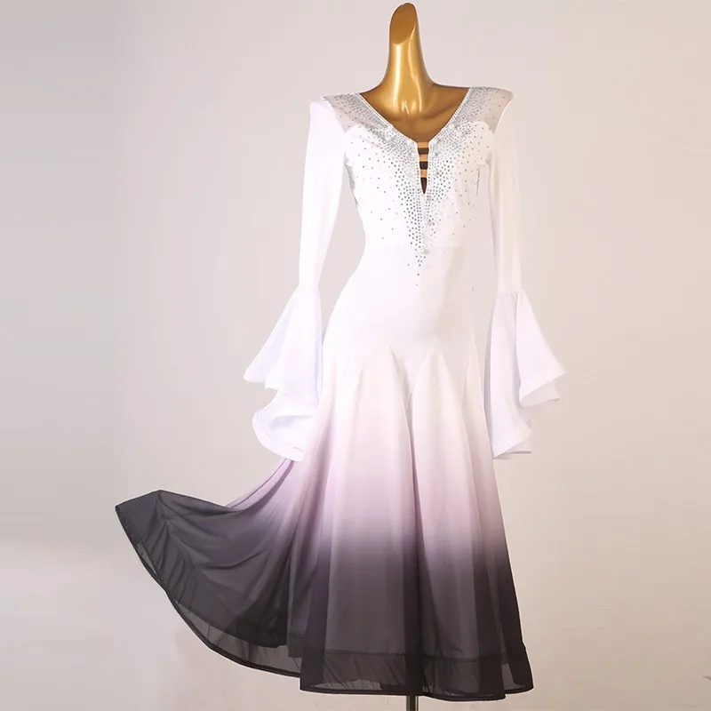 여성용 표준 볼룸 맞춤형 사이즈 의류 연습복 롱 스커트 프로미션 그라데이션 컬러 전문 모던 댄스 드레스