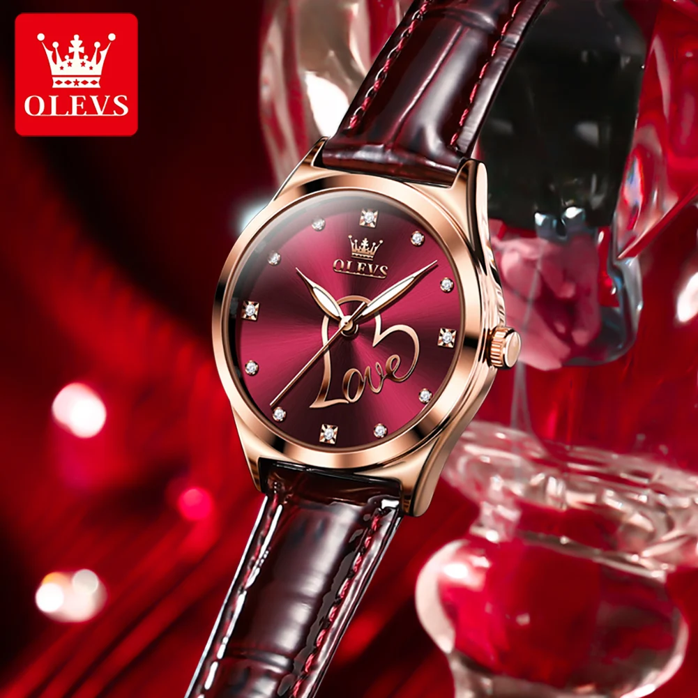 OLEVS-relojes de lujo para mujer, correa de cuero, resistente al agua, luminoso, marca Original, Conjunto de reloj para mujer con diamantes, dar amor