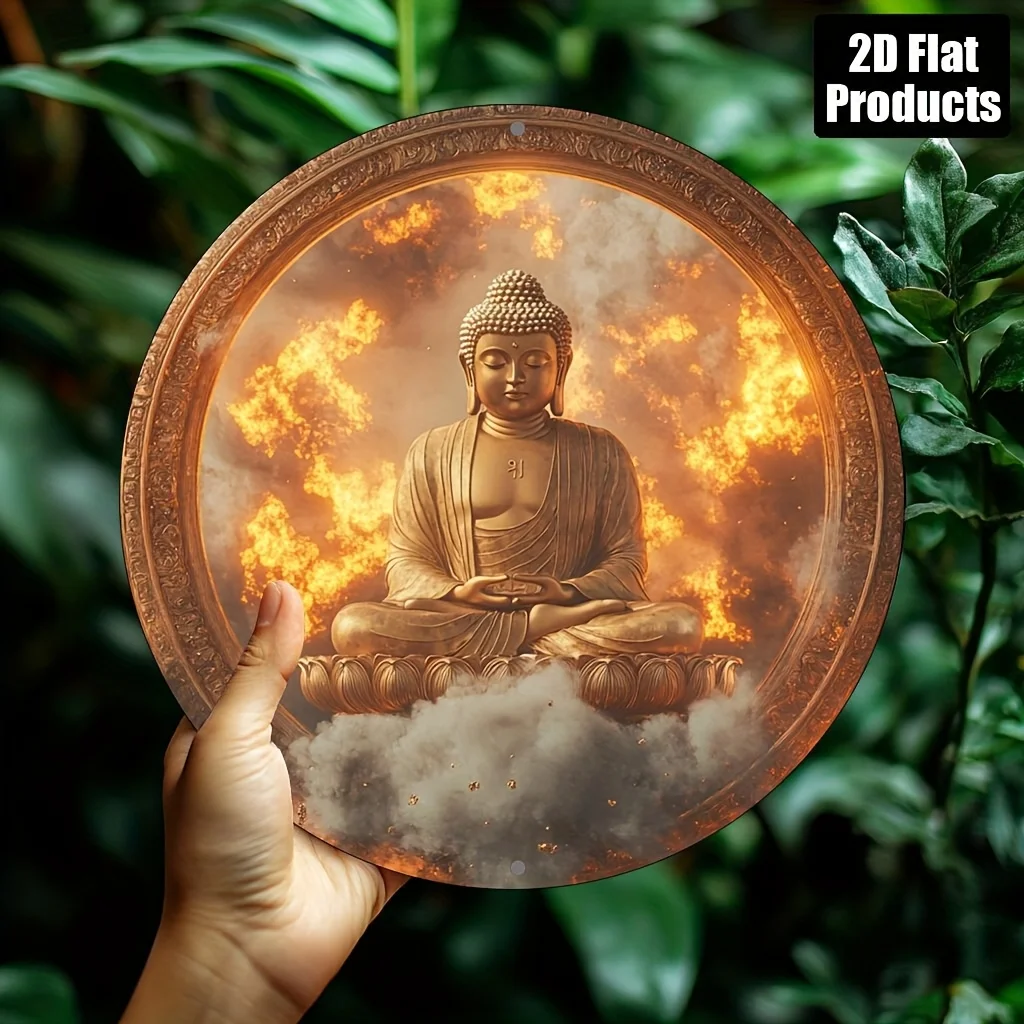 FITO 2D Flaches Feuer-Buddha Rundes Metallschild Deko, 20x20 cm Wandkunst für Zuhause, Bar, Büro, Küche, Café, Festivalgeschenk