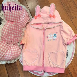 Japanese Lolita Style Cartoon T-shirt Harajuku Y2k Girls Cute Lace Bow Bunny Ear Hooded Tops Women Kawaii Short Sleeve Tee Shirt