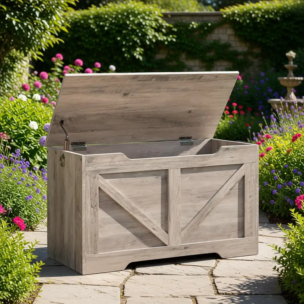 

29.5 Retro Wooden Storage Chest with U-Shaped Pull, Safety Hinge, Holds 220 lb, Easy Assembly (Greige)