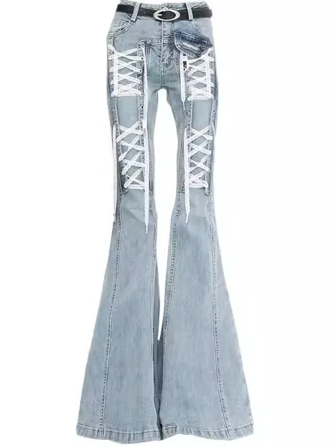 

American Retro Belted Slim Fit Denim Jeans Women Summer New Design Sensation Small Faion Spicy Girl Slim Flared Pants