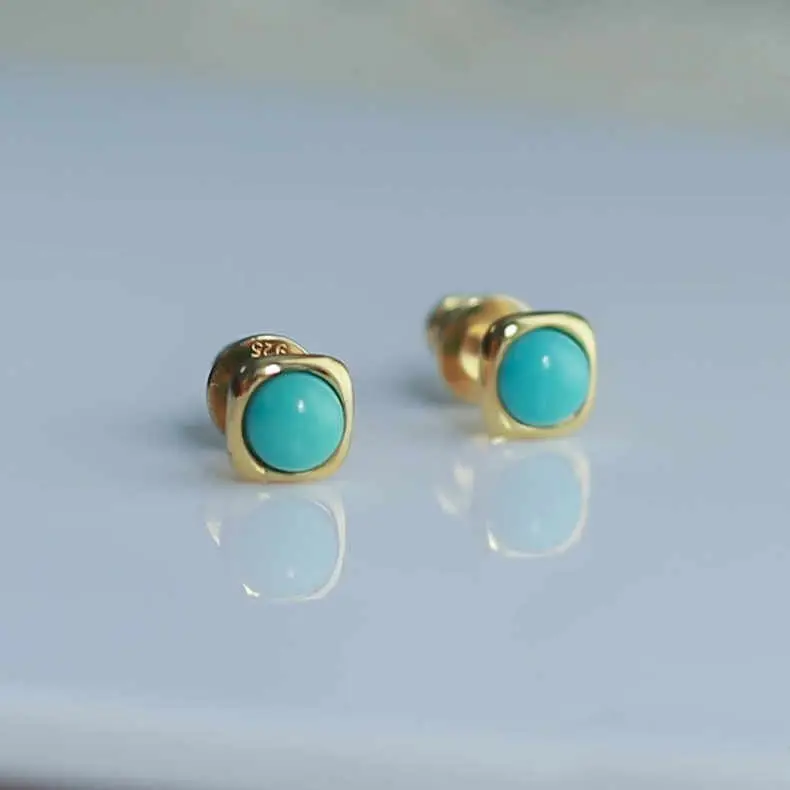 

14K 10k Gold Filled Round Turquoise Ear Stud Blue Green Turquoise Bezel Earring 1Karat Natural Gemstone Solid Gold Basic Jewelry