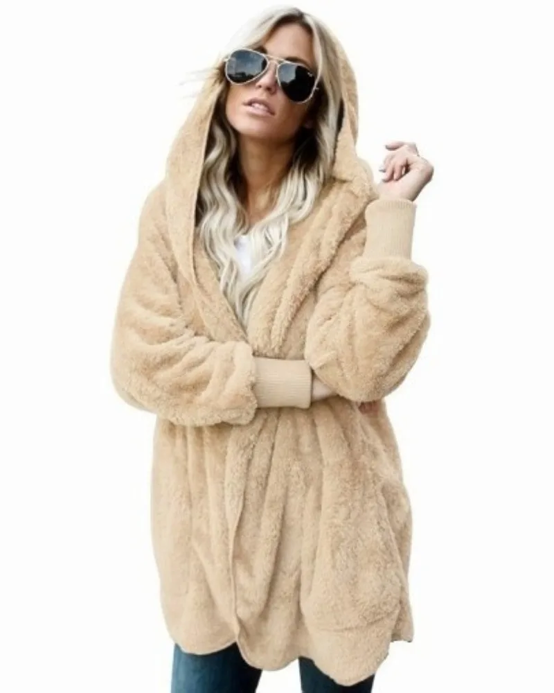 

Autumn Winter Double Fleece Cardigan Jacket Women Solid Color Long Sleeve Plush Warm Hooded Lady Loose Oversized Outerwear Coat