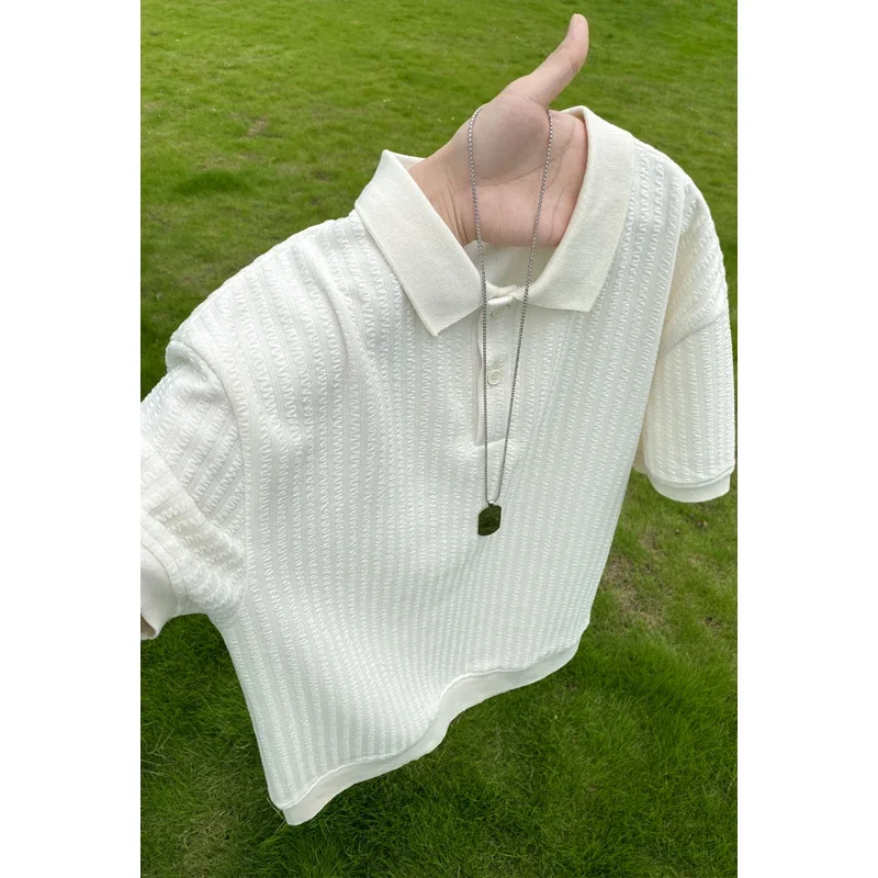 Men Vertical Jacquard Polo Short Sleeve Top Lapel Collar Partial Button Design Soft Textured Cloth For Youth Streetwear
