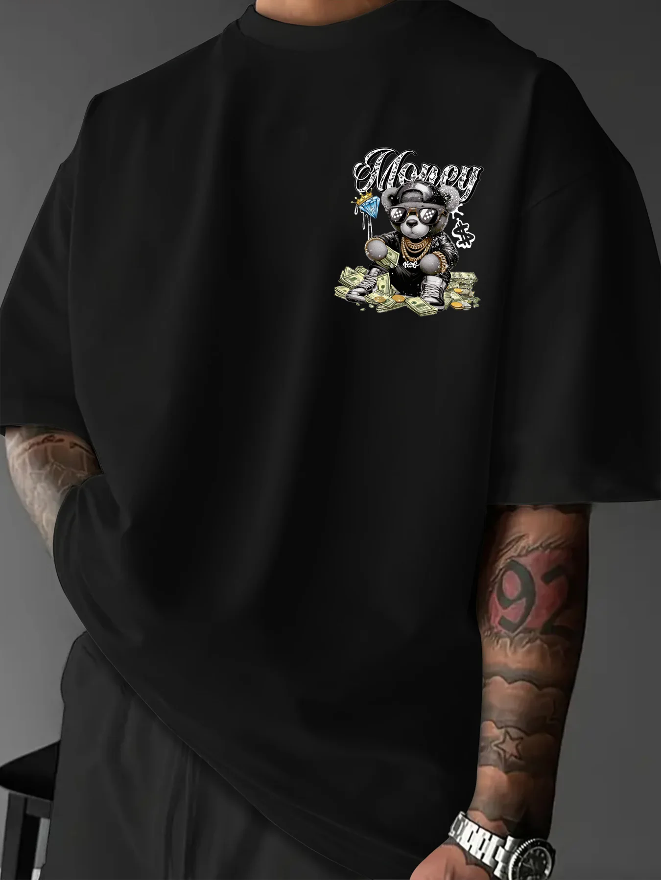 Men's Urban Style T-Shirt Diamond Crown Print Crew Neck Short Sleeve Polyester Tops with 