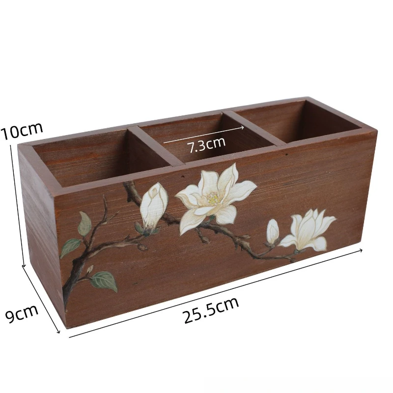 Wooden 3-Grid Storage Box with Magnolia Design for Office Home