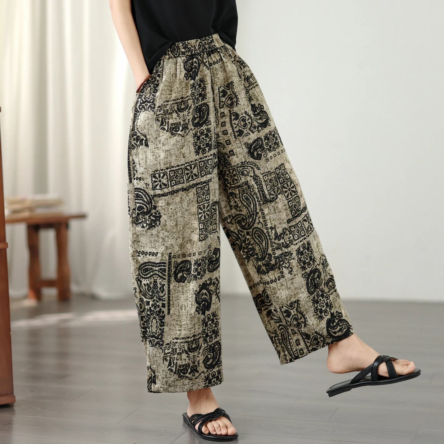 Casual Harlan Pants Geometric Print Ice Silk Cotton Linen Elastic Waist Loose Slimming Wide Leg Nine Point Pants for Women