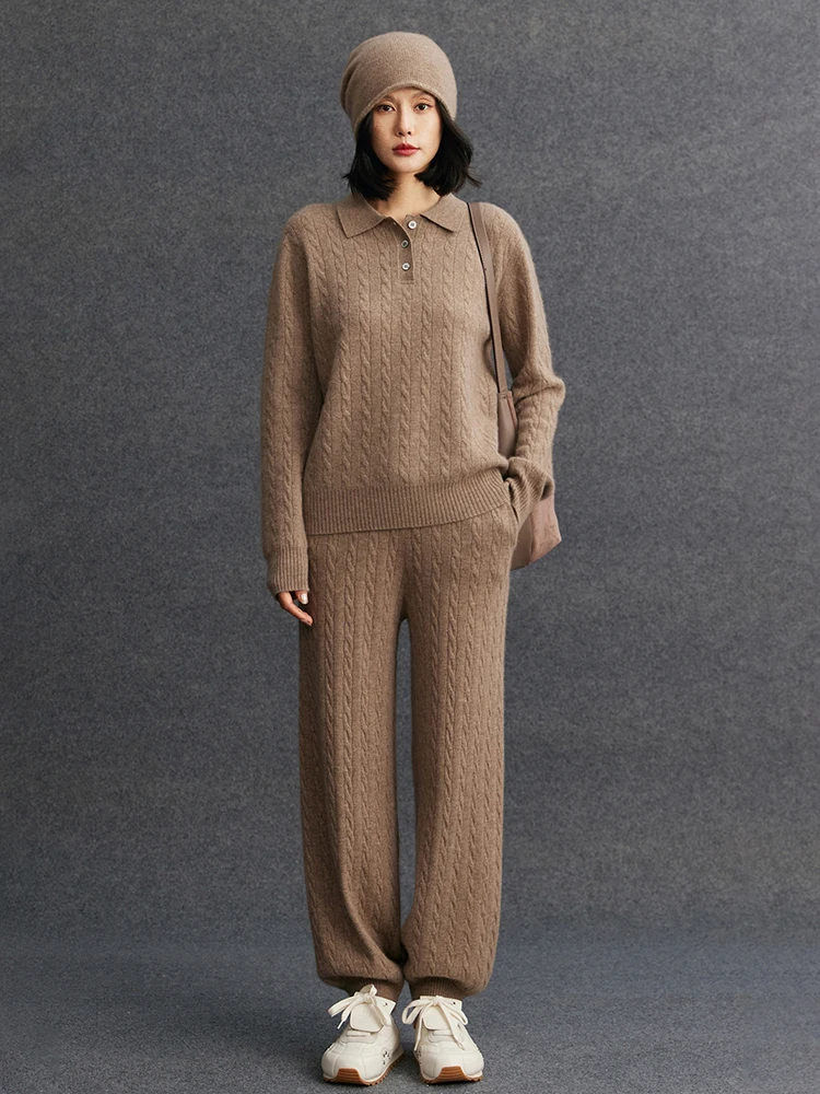 TLOML New Women's 100% Cashmere Knitted Cable Knit Bloomers Pants Autumn Winter Soft Warm Comfy Casual Trousers Cashmere Pants