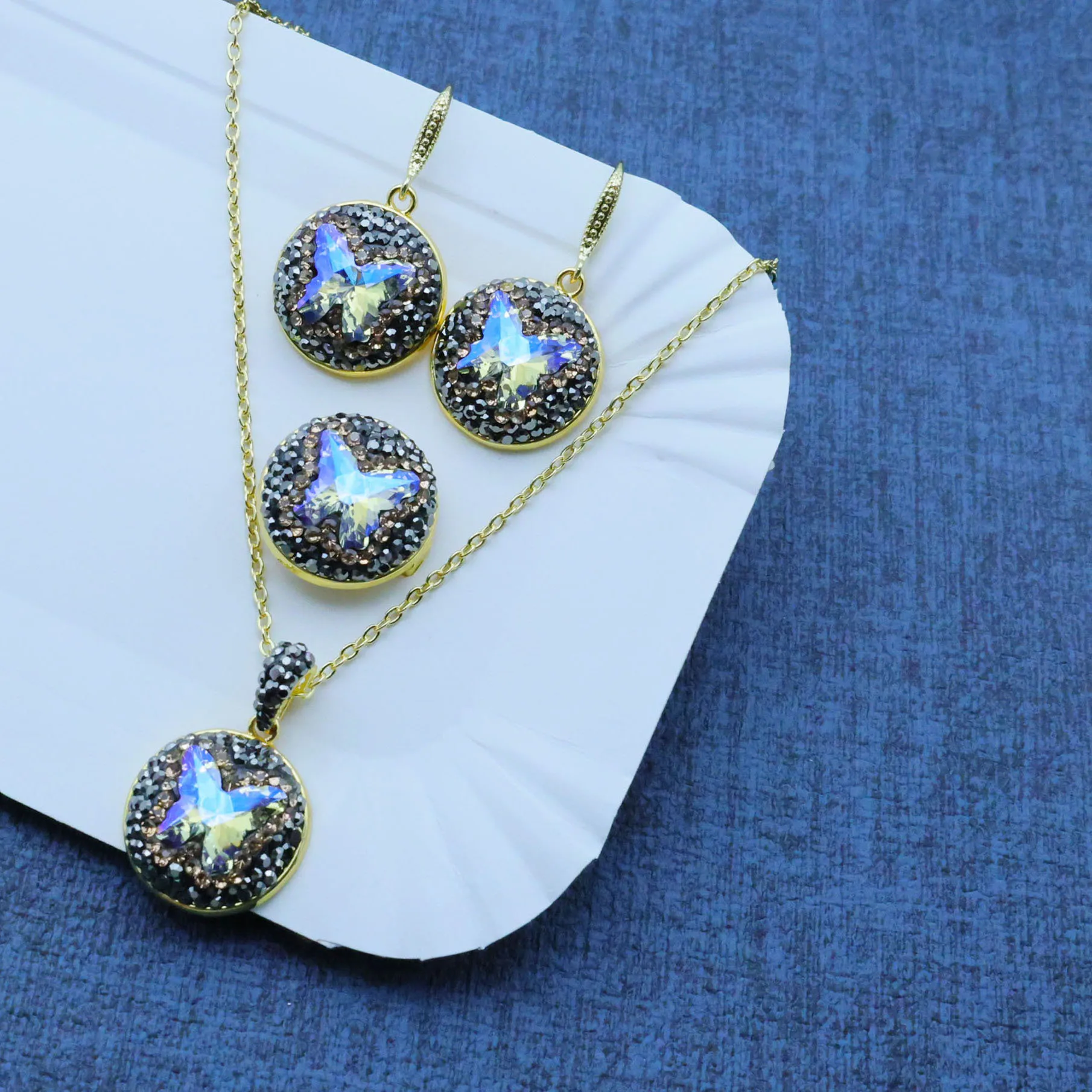 DIY accessories Original Internet celebrity new high-end light luxury black glass crystal handmade design three-piece jewelry