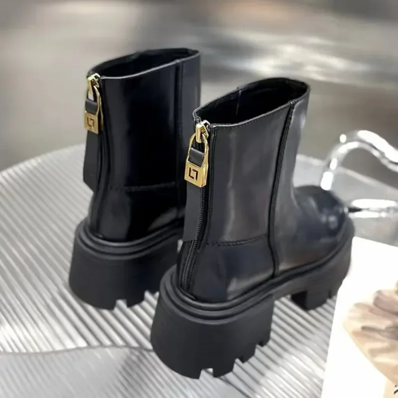 2024 Shoes Female Ankle Women\'s Boots Platform Modern Boots Women Sewing Round Toe Back Zip Square Heel Shoes Women Zapatos