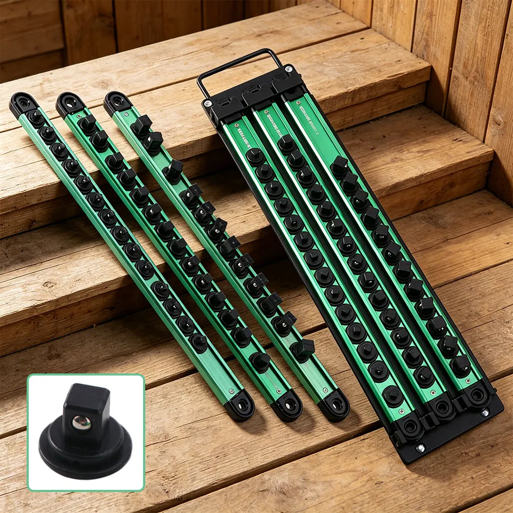 Magnetic Sleeve Storage Rack 1/4 3/8 1/2 Inch 360° Rotating Plug Plate Socket Clip Rail Holder Green Hanging Storage Strip