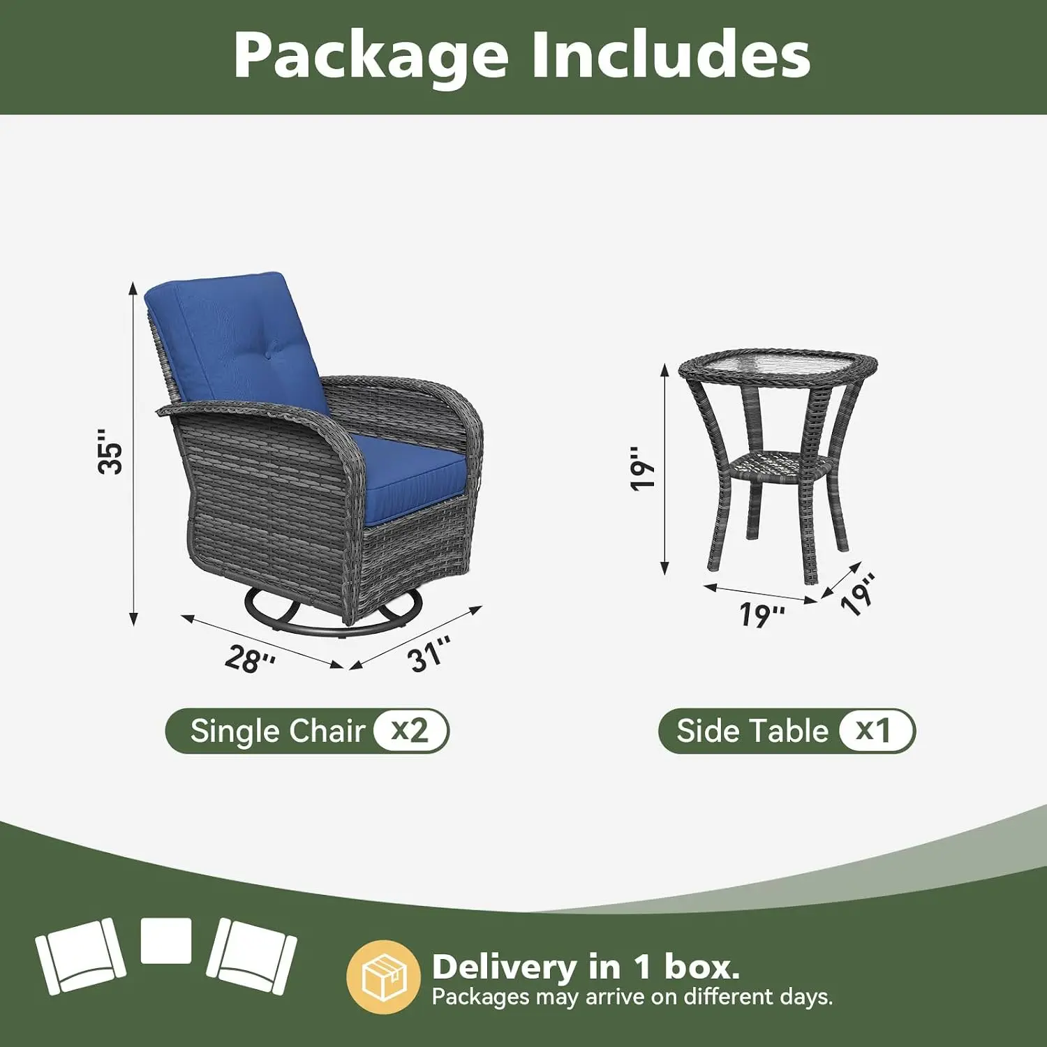 High Back Swivel Rocker 3-Piece Patio Furniture Set with Ottoman & Side Table for Backyard Garden, Navy, Customized