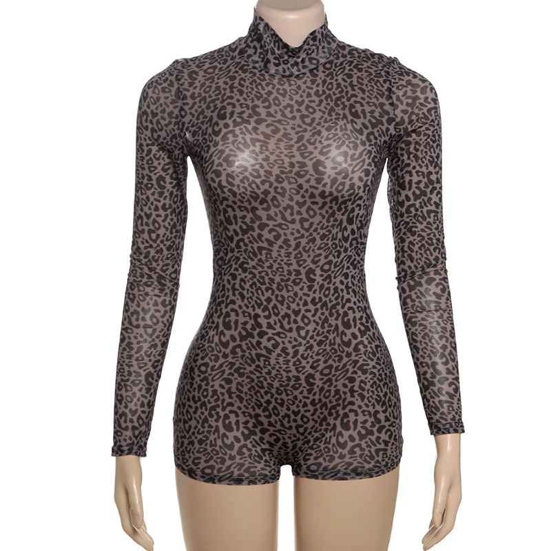 

OMSJ New Leopard Print Playsuit For Women Sexy Stylish Casual Tight Fit Half High Collar Long Sleeve Zip-up Jumpsuit Shorts Club