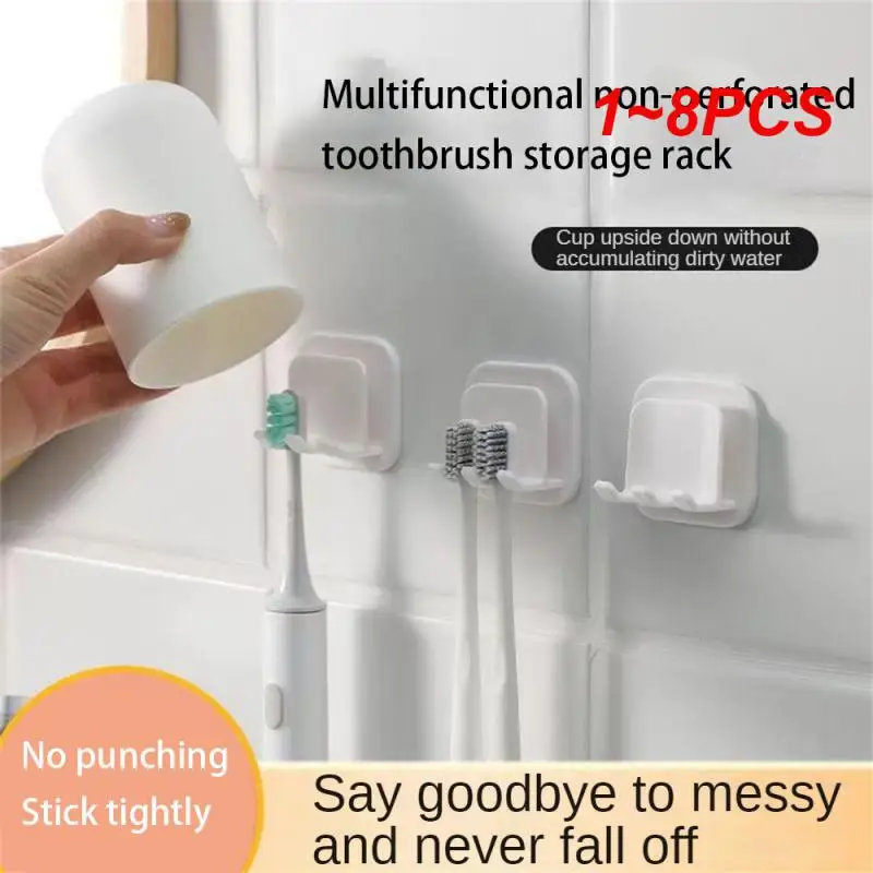 1~8PCS Wall Mounted Toothbrush Holder Punch Free Toiletry Toothbrush Shelving Toothbrush Cup Holder Bathroom Simple Toothbrush