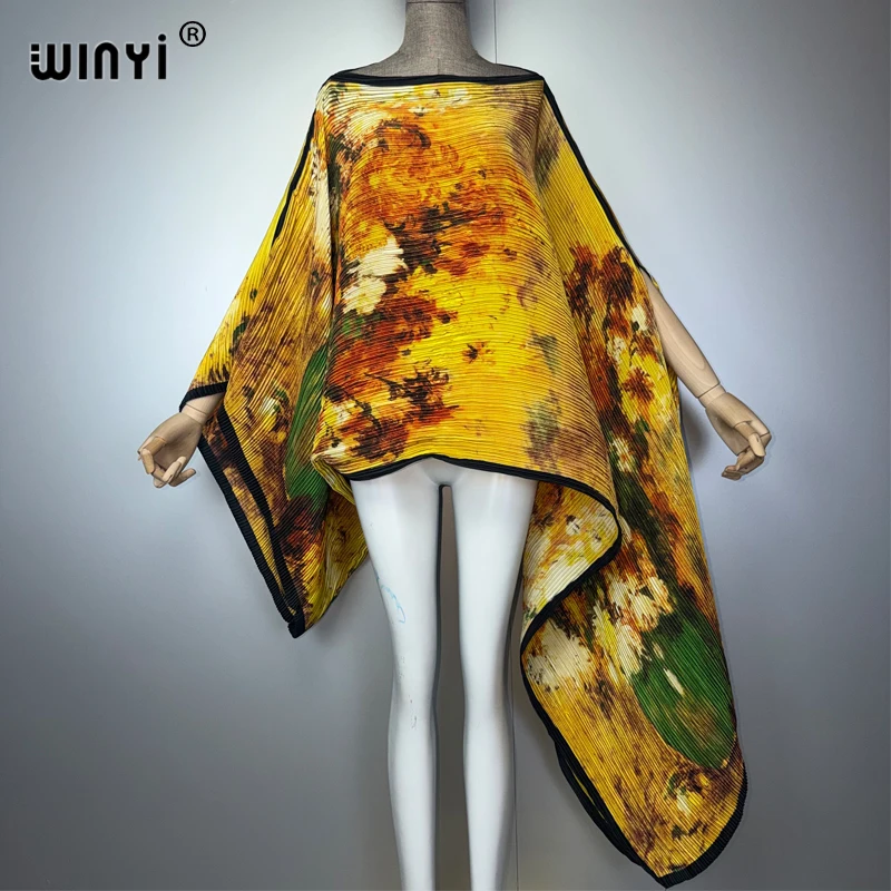 WINYI Women's Pleated Maxi Party Dress Irregular Crumple Design Loose Fit Sexy Evening Gown Poncho Top Robe