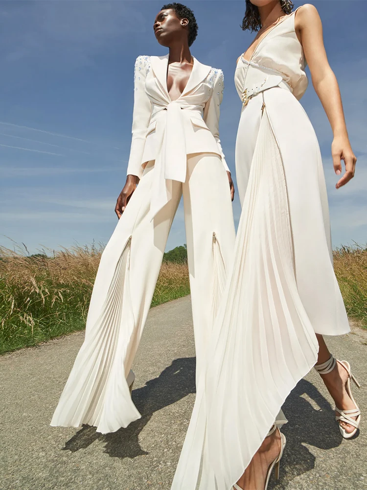 Conjunto de traje de pasarela de diseñador para mujer, chaqueta con cinturón, pantalones plisados de pierna ancha, 2 piezas, 2024