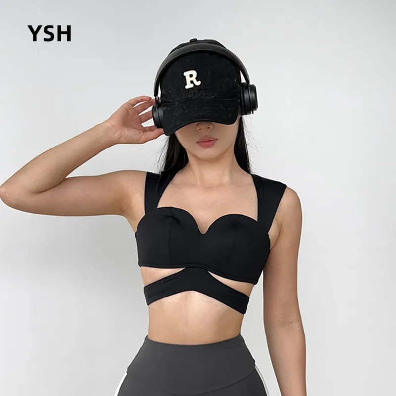 

YUSHUHUA Sexy Curve Neck Sports Bra Women Gym Fitness Top Shockproof Yoga Bra Hollow Hem Workout Training Underwear Vest Style