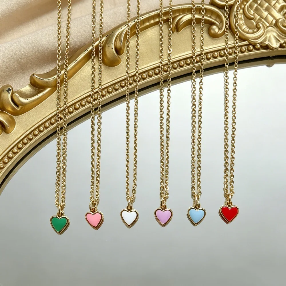 Macaron oil drop love necklace, mini heart-shaped thin collarbone chain, simple basic women's match