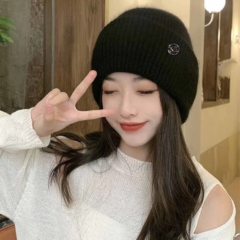 Knitted hat with thick velvet for women, warm and versatile, big head circumference, head cover, ear protection, cold hat