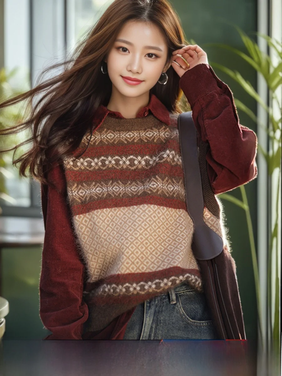 

2025 Spring New Sle Retro Floral Pattern Svel round Ne Vest Women's Faionable Commute Wool Blend Vest Regular Fit