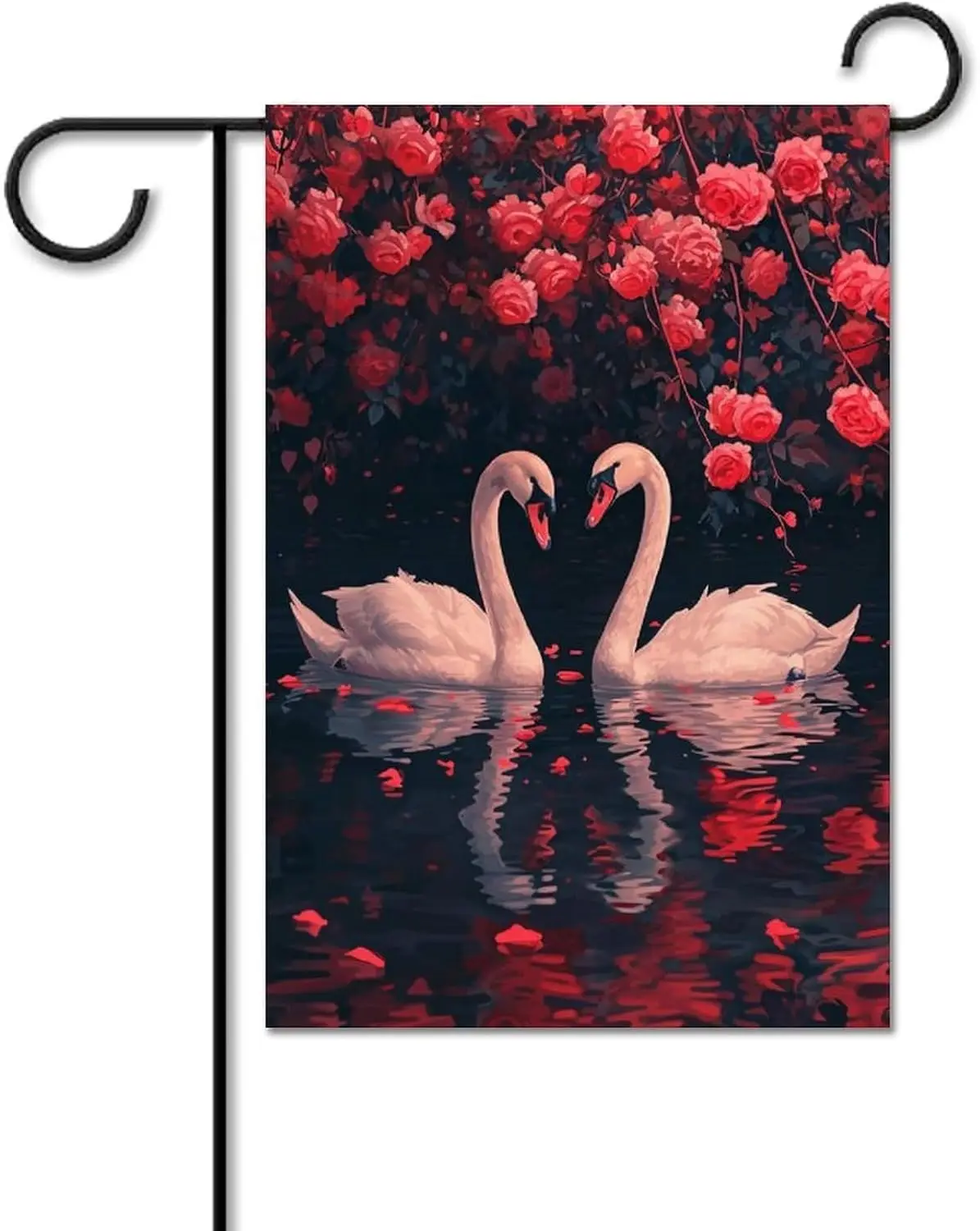 Two Swans in Water in Love Garden Flag Beautiful Red Roses House Yard Flag Seasonal Holiday Outside Holiday Decoration Home Deco