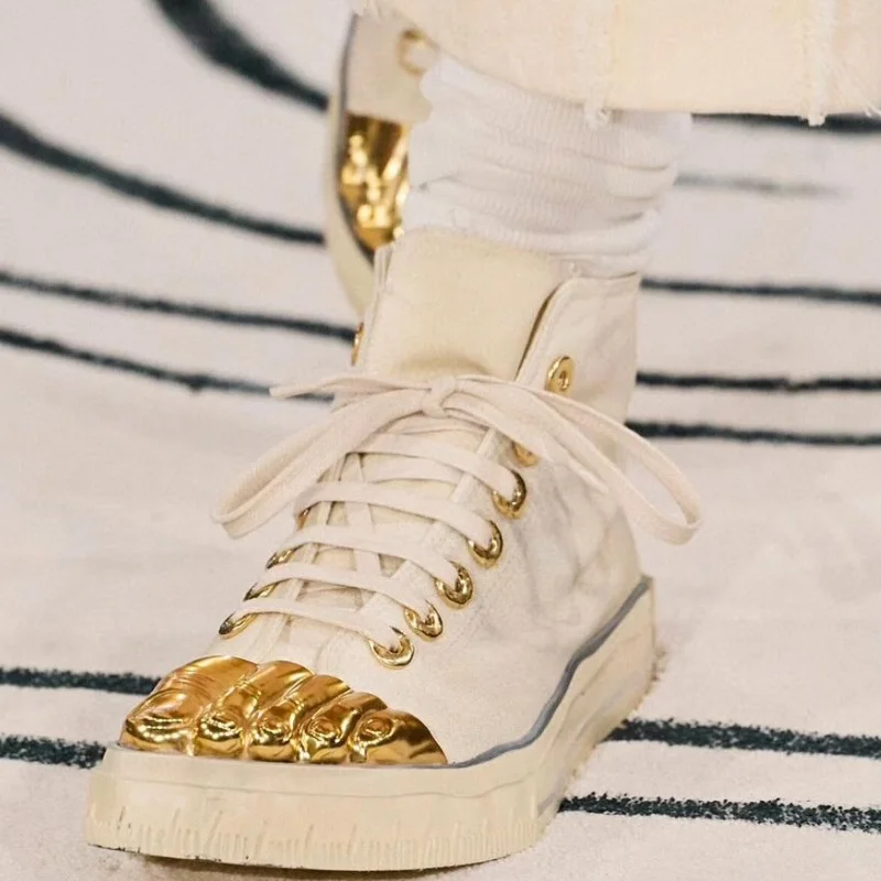 Gold Five Fingers Lace-Up Sneakers Women Patchwork High Top Canvas Shoes Casual Metal Decor Cross-Tied Party Catwalk Sneakers