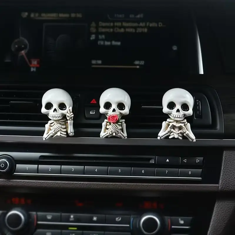 3pcs Cute Skull Resin Statues, Car Interior Accessories, Fragrance Diffuser, Air Outlet Decoration, Halloween Party Decoration
