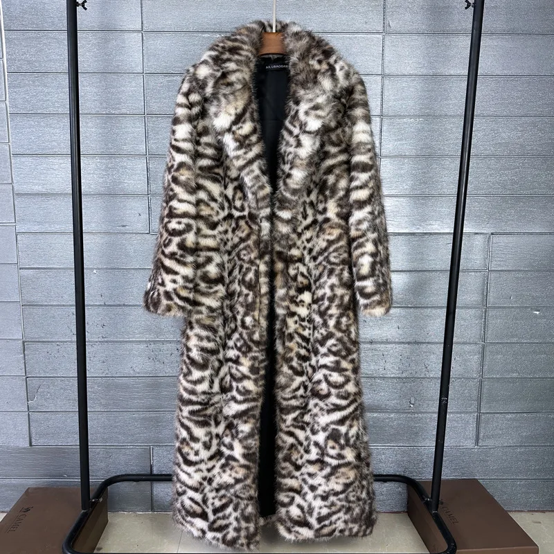2026 Fashion Leopard Print Fur Coat Women's X-long Faux Fox Fur Overcoat Autumn Winter Streetwear Outerwear Female Loose Jackets