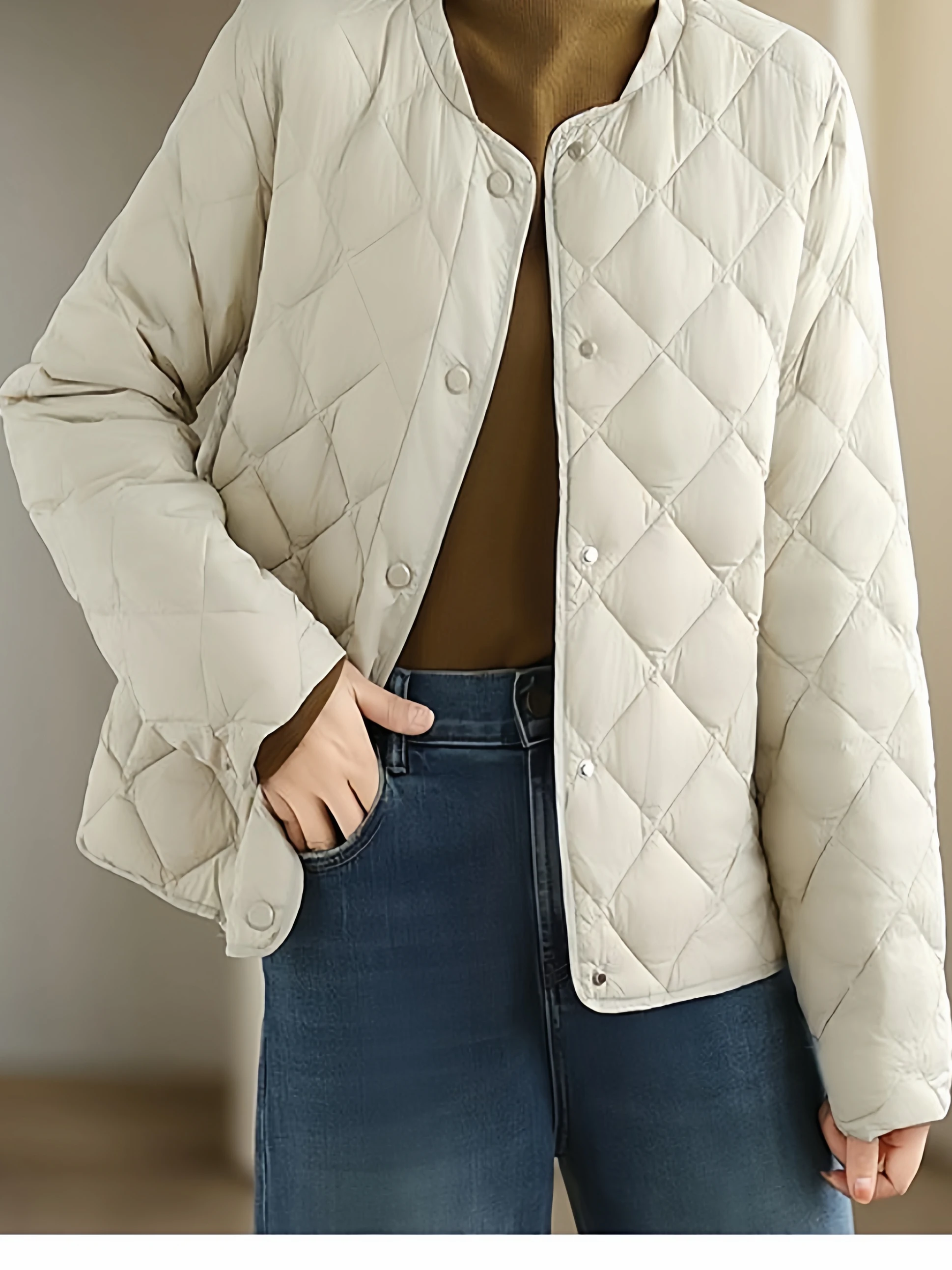 Lightweight Short Cotton Jacket Women's Loose Casual Style No Collar Diamond Pattern Autumn Winter Outerwear for Small Figures