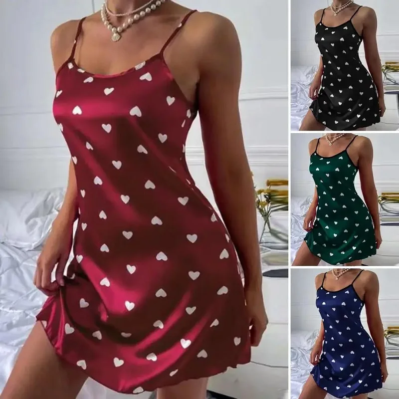 

Heart Print Sling Nightdress Women's Sexy Lingerie Satin Sleepwear Spaghetti Strap Nightwear Homewear Lady Nighty Gown Sleepwear