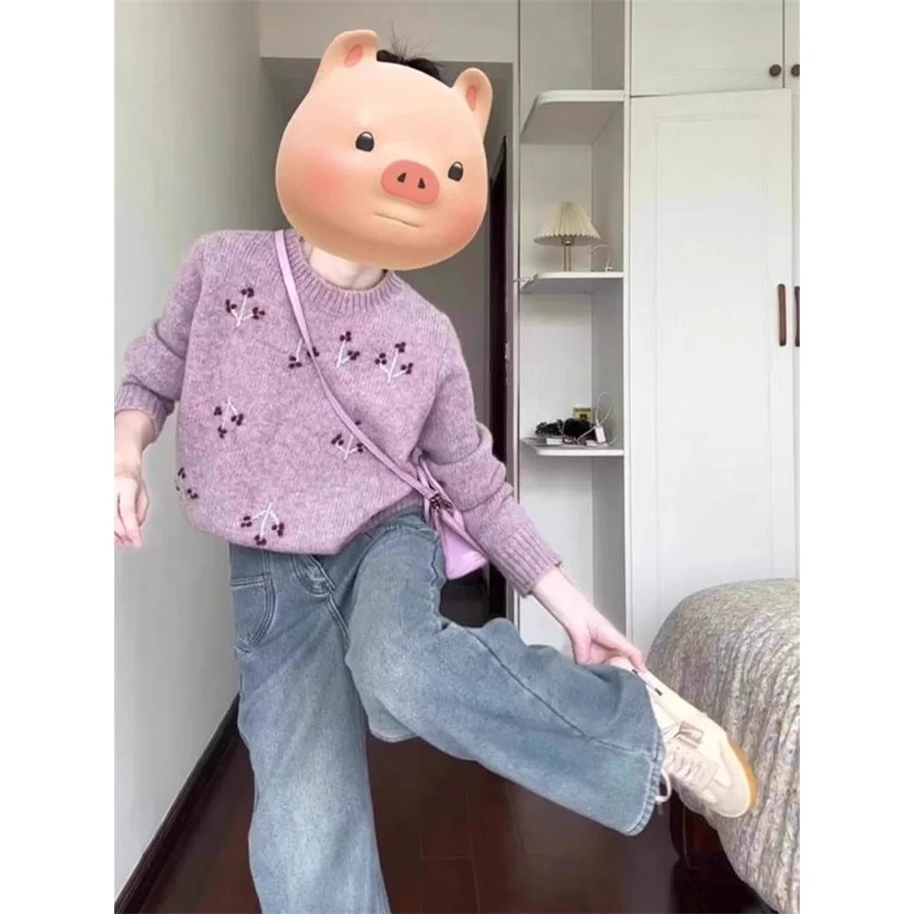 

Autumn Winter New Embroidery Small Size Knitwear Top Korean Style Lazy Retro round Neck Long Sleeve Women's Knitted Sweater