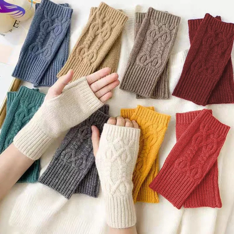 

Fashion Solid Color Knitted Fingerless Gloves Men Women Winter Wool Thicken Half Finger Mittens Warm Long Sleeve Gloves Students