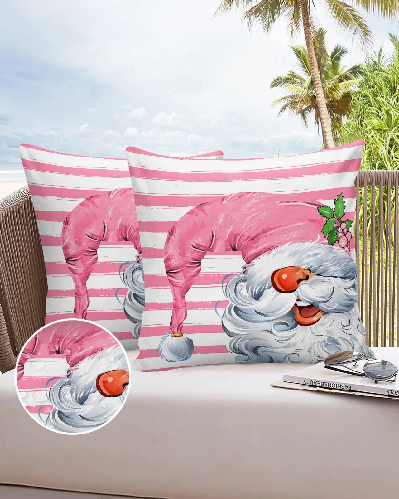 Christmas Pink Striped Dwarf Pine Nut Hat 2/4PCS Outdoor Garden Chair Waterproof Cushion Cover Home Decor 45/50/60cm Pillow Case