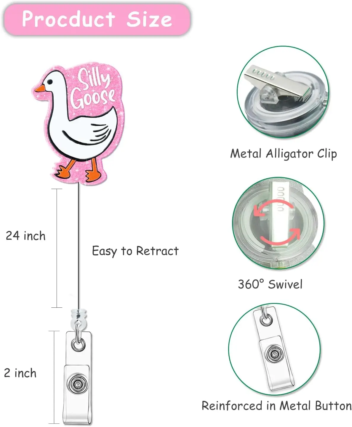 Badge Reel Retractable for Nurses Cute ID Badge Holder with Alligator Clip Silly Goose RN LPN Medical Assistant Work