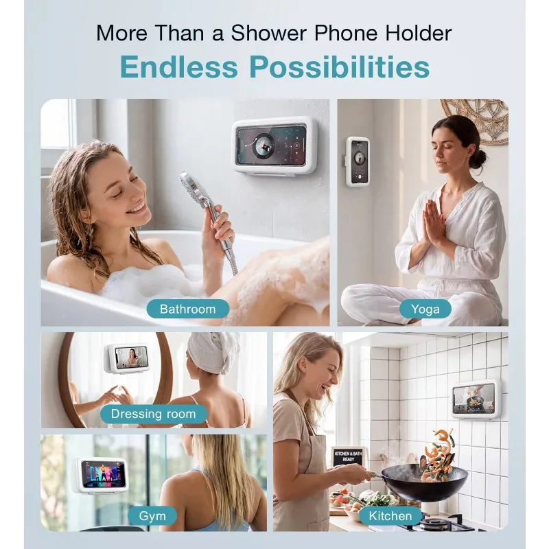 Selbstklebende, beschlagfreie, wasserdichte Dusch-Handyhalterung, universelle Touchscreen-Handyhülle mit Ablauf für das Badezimmer – Detail 3