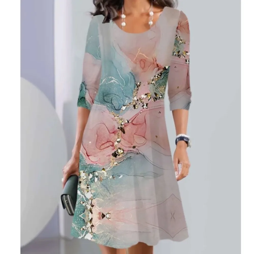 

Spring Summer New Women's Fashion Printed Casual Comfortable Long Sleeved Round Neck Mid Length Dress For Women