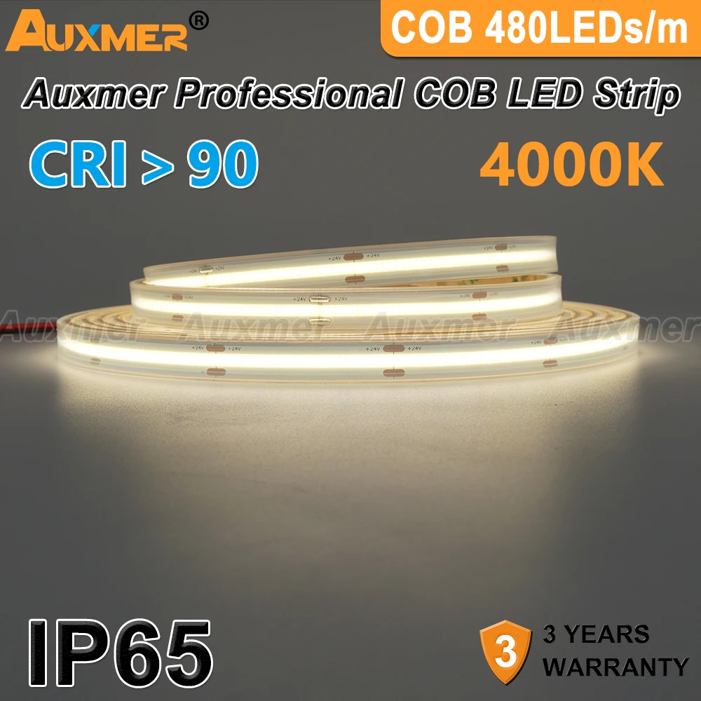 Professional COB LED Strip Lights 480LEDs/m CRI90,IP65 Waterproof,High Density LED Light Tape Dimmable,DC12/24V 16.4ft