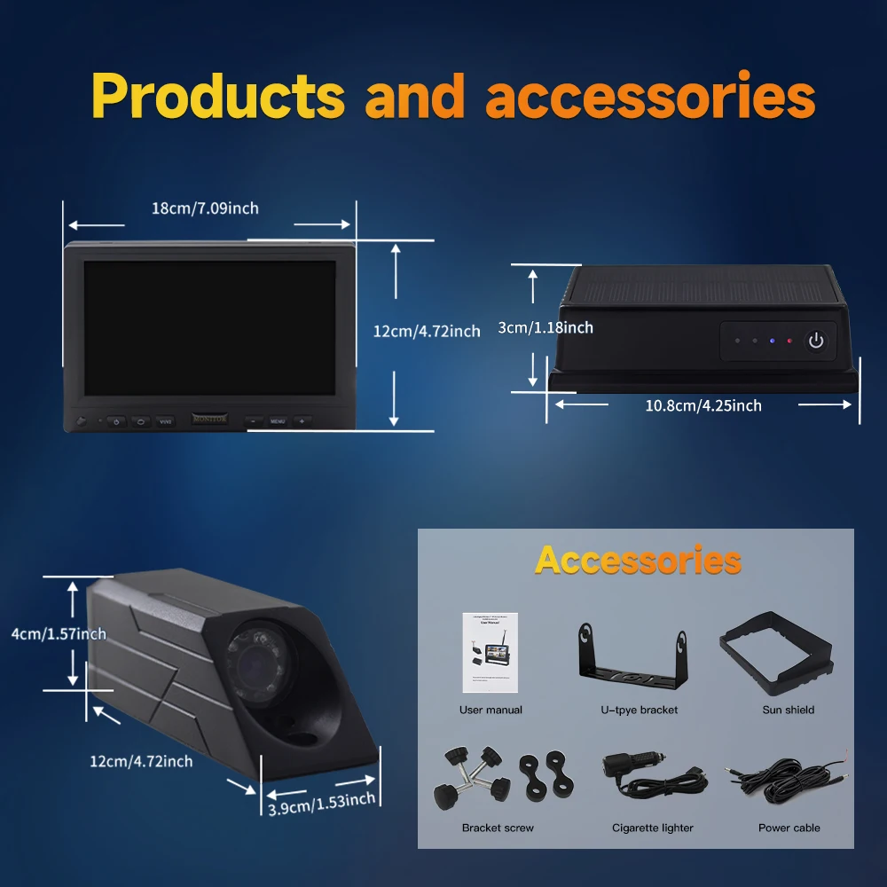 7 Inch HD 720P Wireless Car Safety Monitoring System Magnetic Vehicle Reversing Camera Collision Warning Parking Application