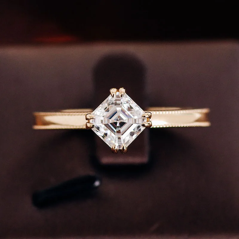 

Provence 14K Yellow Gold Milgrain Ring With 7*7 Asscher Cut GRA ​Moissanite Diamond For Women Solitaire Engagement Ring