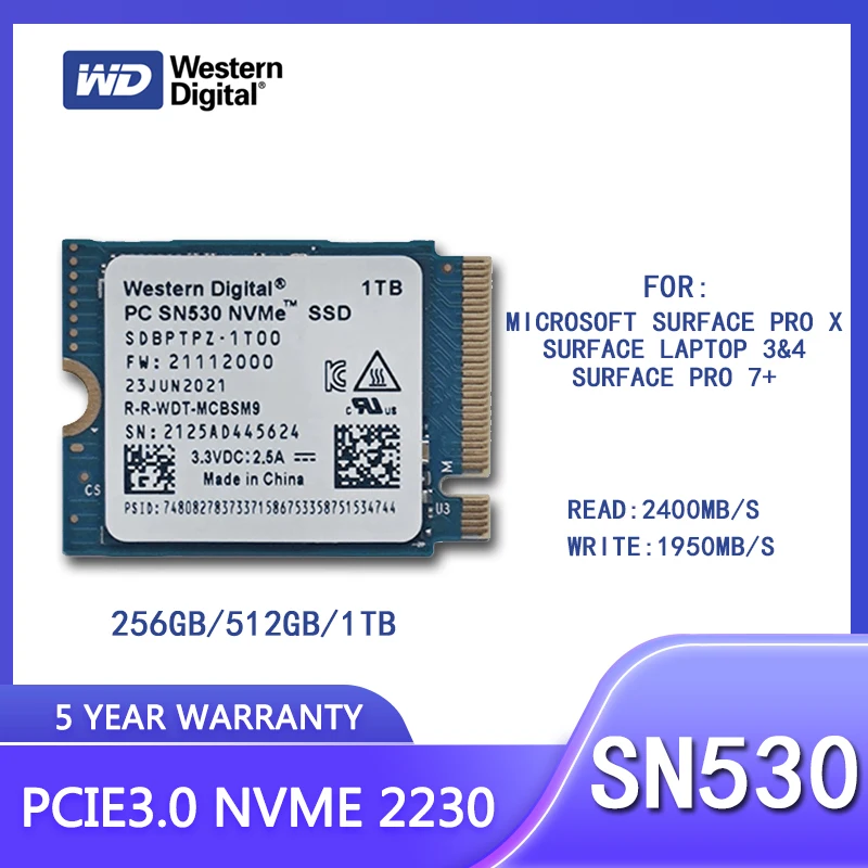 Western Digital WD SN530 M.2 2230 SSD 1TB 512GB 256GB NVMe PCIe Gen3 x4 for Microsoft Surface Pro X Surface Laptop Laptop 3 NEW