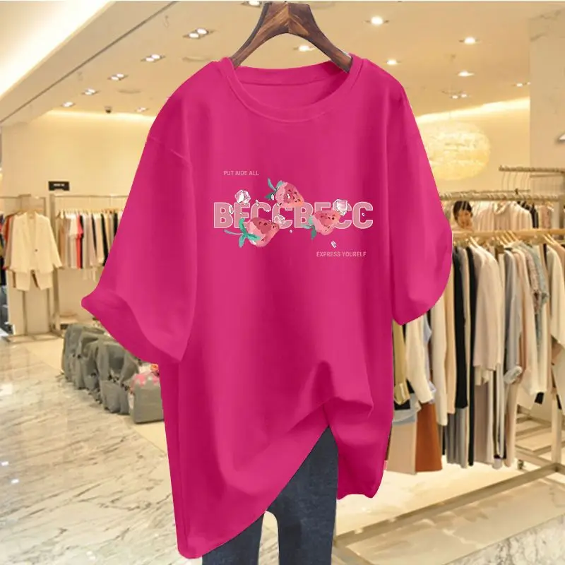 

Women Clothing Chic Strawberry Letter Print T-shirts Summer Pure Cotton O-neck Short Sleeve Basic Top Tee Casual Loose Pullovers