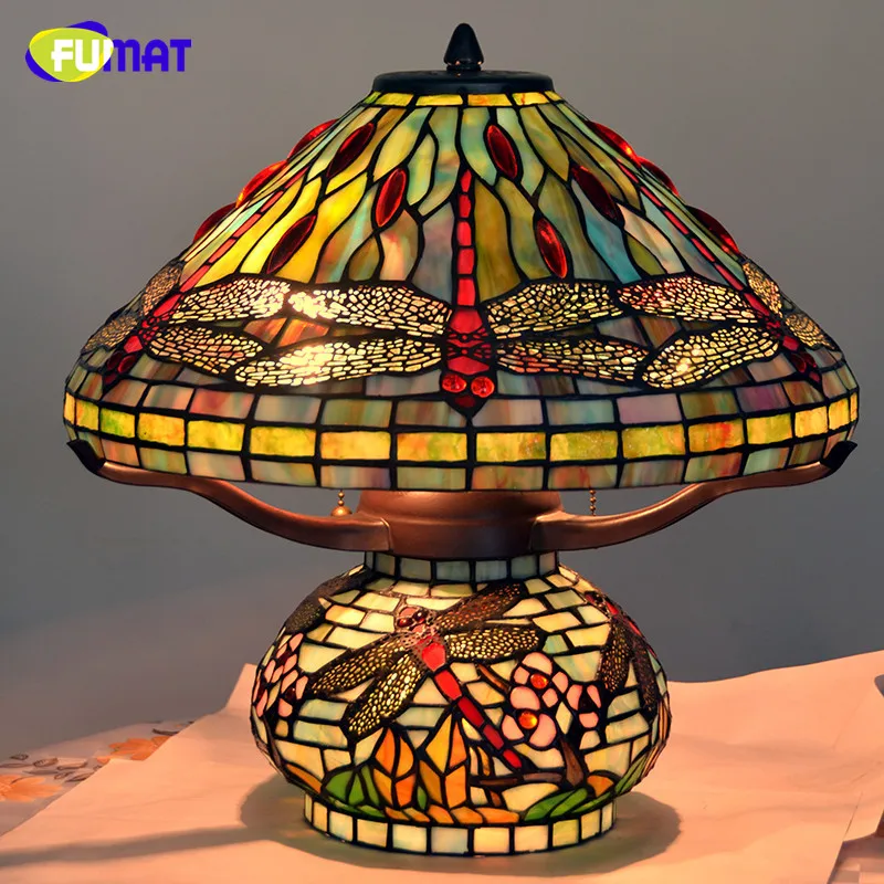 FUMAT LED Table Lamp Stained Glass Dragonfly LED light Living Room Bedside table lamps Copper Table Lights Indoor Lighting