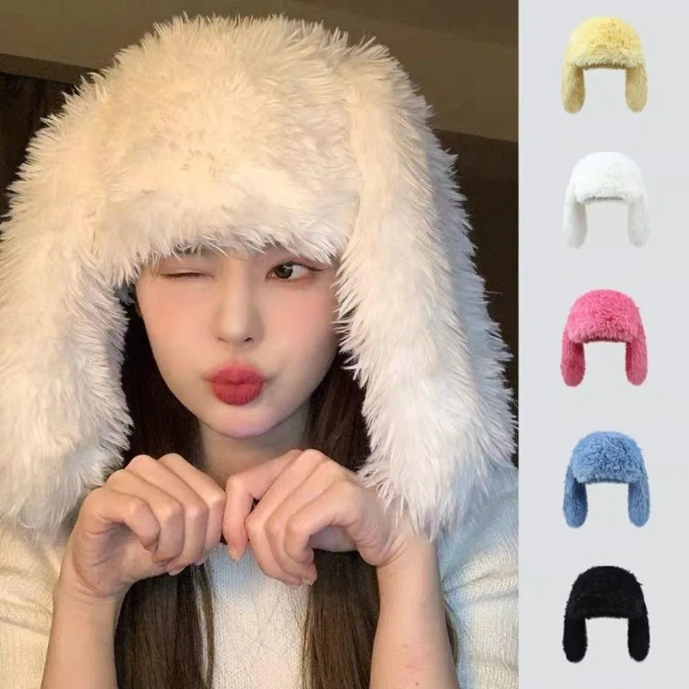 Soft Solid Color Rabbit Ears Beanies Bunny Coldproof Pullover Cap Thickened Warm Ear Protection Hat Street