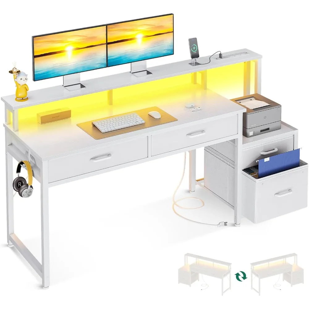 

Computer Desk with 4 Drawers, 55 Inch Reversible Desk with Led Lights & Power Outlet, Office Desk with File Drawer & Monitor St