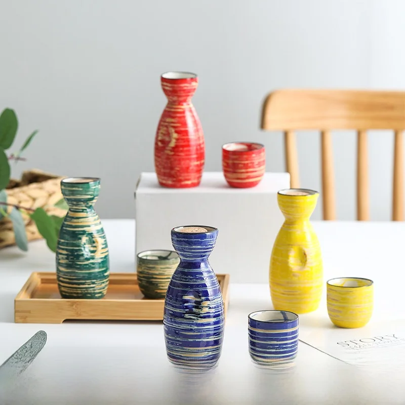 Japanese Style Ceramic Wine Set for Whiskey And White Wine Heating Pot And Cup Small Quantity Handmade Macaron Color