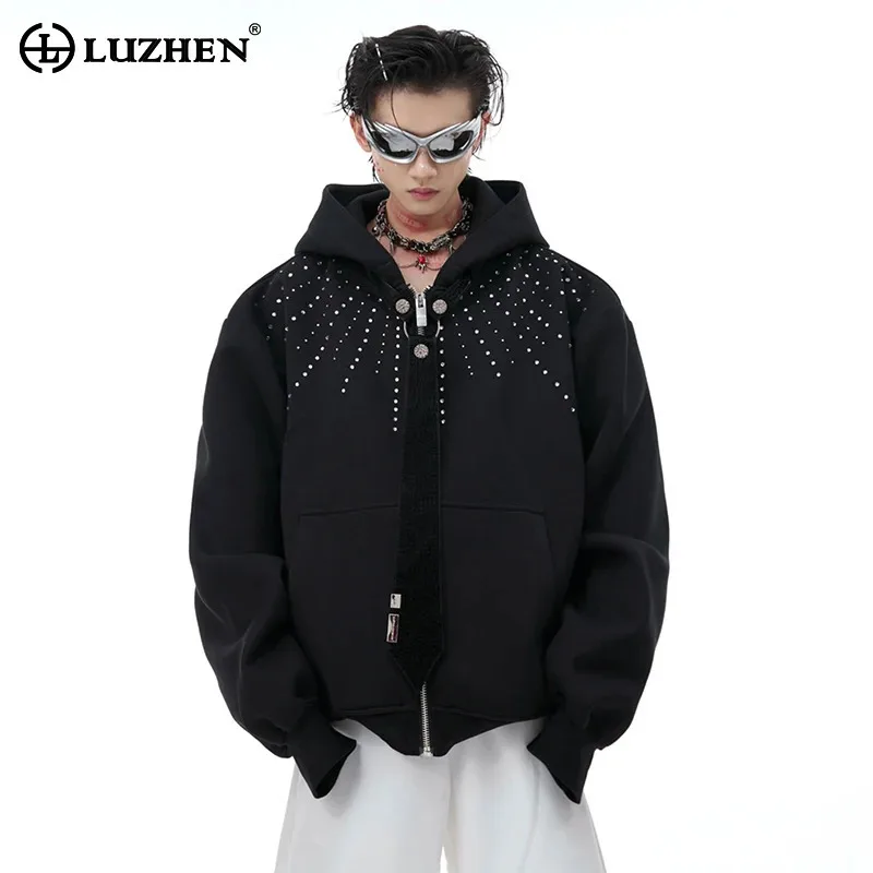 LUZHEN Moletom com Capuz e Design de Gravata Removível Personalizado, Jaquetas Masculinas Casuais Esportivas com Diamantes, Moda Outono JY9040