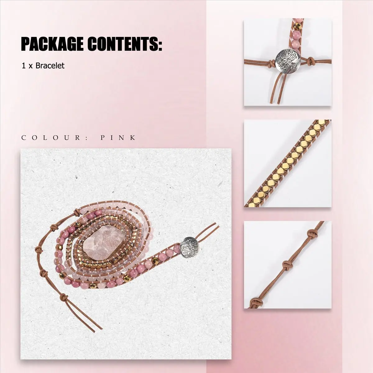 Natural Stone Bracelet Pink Quartz Leather Wrap Bracelets for Women Rose Gems Crystal Beads Jewelry-ABFB