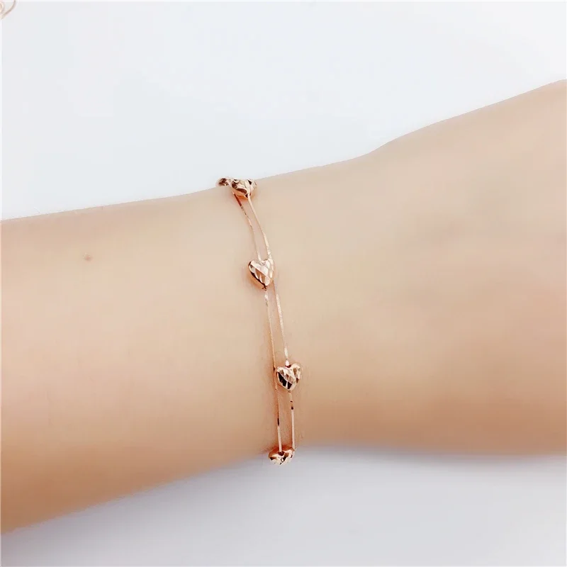 585 Rose Gold Double Layer Snake Bone Chain Heart Shiny bracelet for women Fashion Exquisite Plated 14K Rose Gold Fine Jewelry